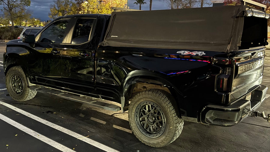 Sean B.'s Chevrolet Silverado 1500 with a WildTop Nomad · Windows — Firefighter. Surfer. Sleeps in it between shifts.